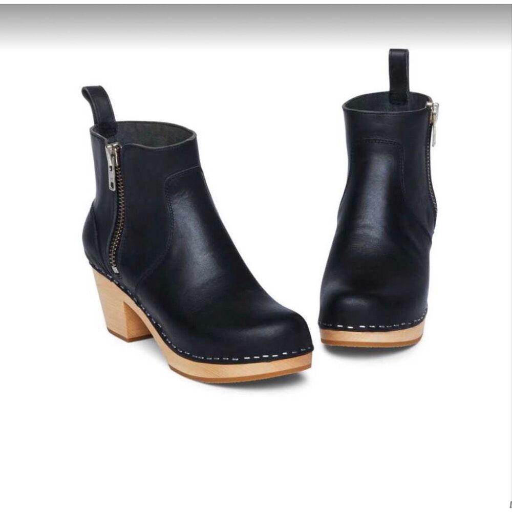 Swedish Hasbeens Zip It Emy Black Leather Ankle Clog Boots Women's 5.5US